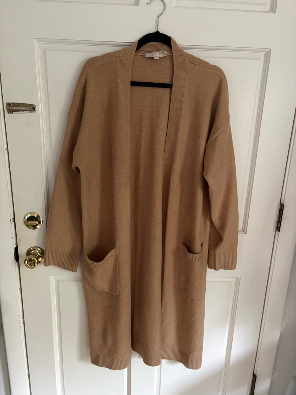 LOFT Camel Open-Front Pocket Cardigan